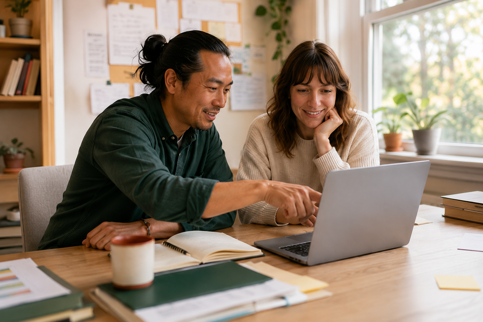 Two teammates reviewing grant requirements on a laptop together